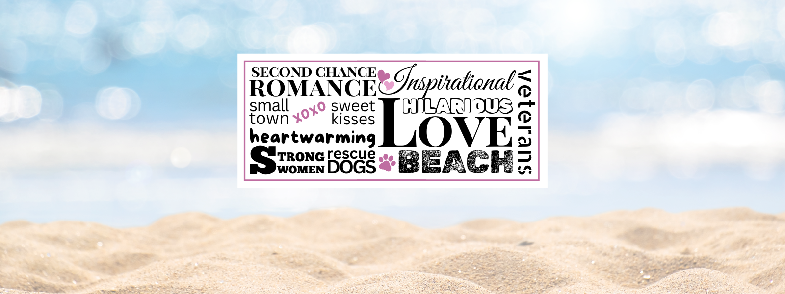 Banner listing descriptive words and tropes present in Kristen Iten's books: Second chance romance, small town, heartwarming, strong women, rescue dogs, sweet kisses, inspirational, hilarious, love, beach, veterans.