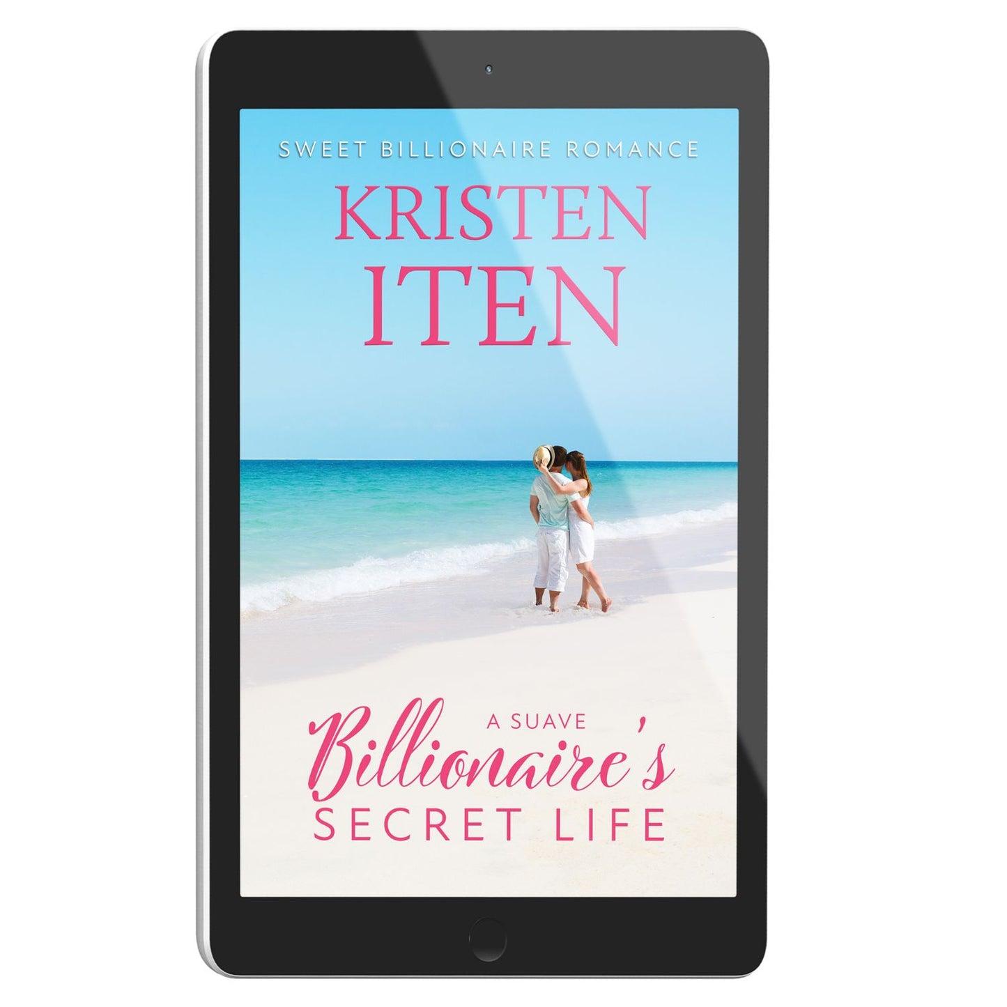 E-reader displaying a book cover with a beach scene and two people kissing, titled 'A Suave Billionaire's Secret Life' by Kristen Iten.