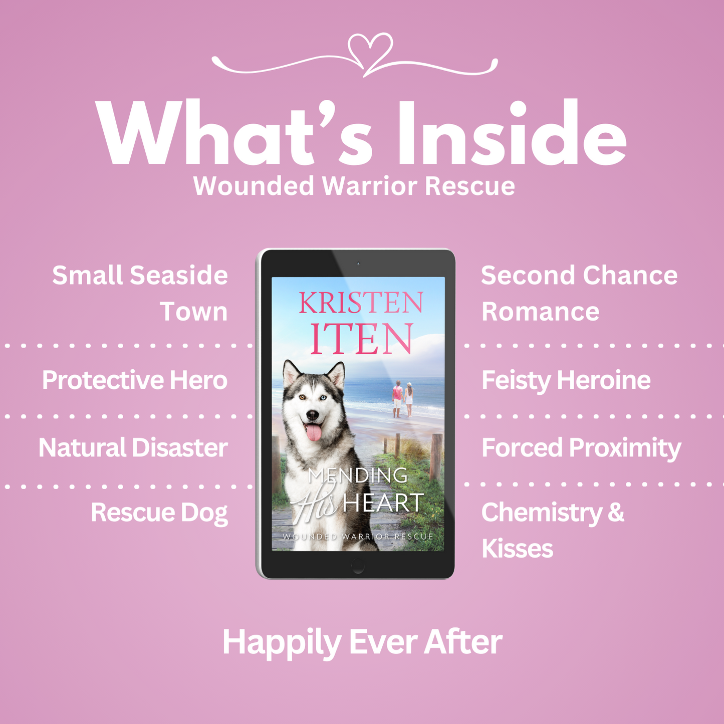 Mending his heart book cover on a reader. beach romance, protective hero, natural disaster, rescue dog, second chance romance, feisty heroine, forced proximity, chemistry & kisses