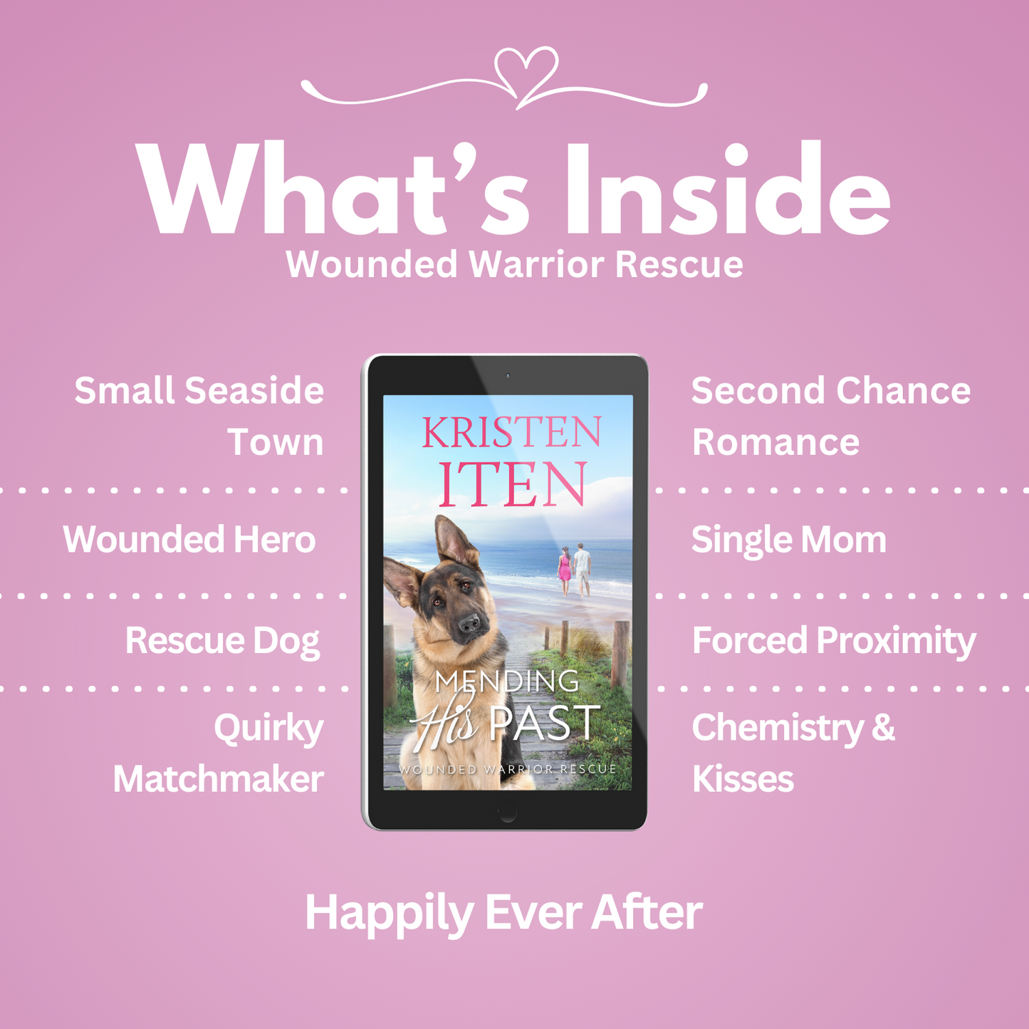 Mending His Past. List of tropes: small seaside town, wounded hero, rescue dog, quirky matchmaker, second chance romance, single mom, forced proximity chemistry & kisses.