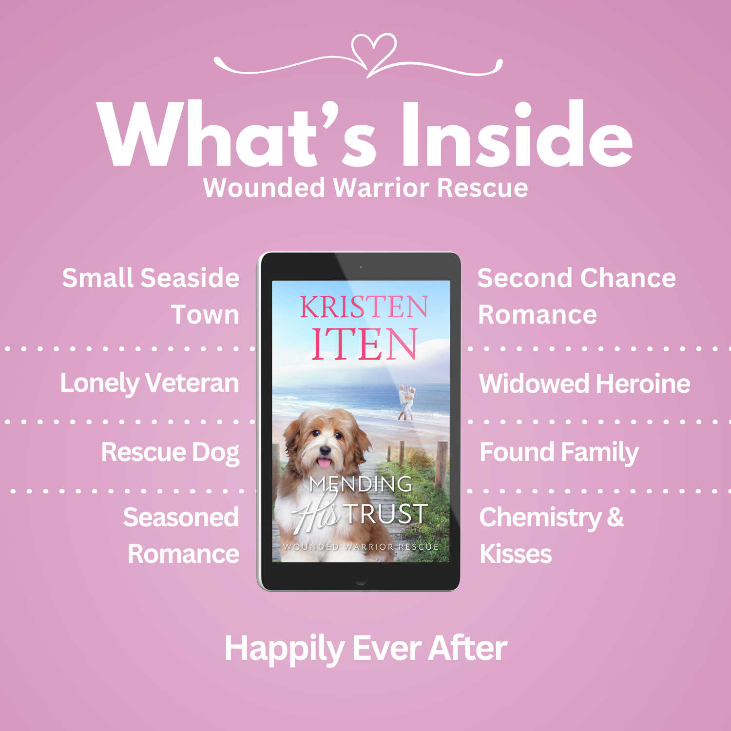 Mending his trust. Tropes: small seaside town, lonely veteran, rescue dog, seasoned romance, second chance romance, widowed heroine, found family, chemistry & kisses