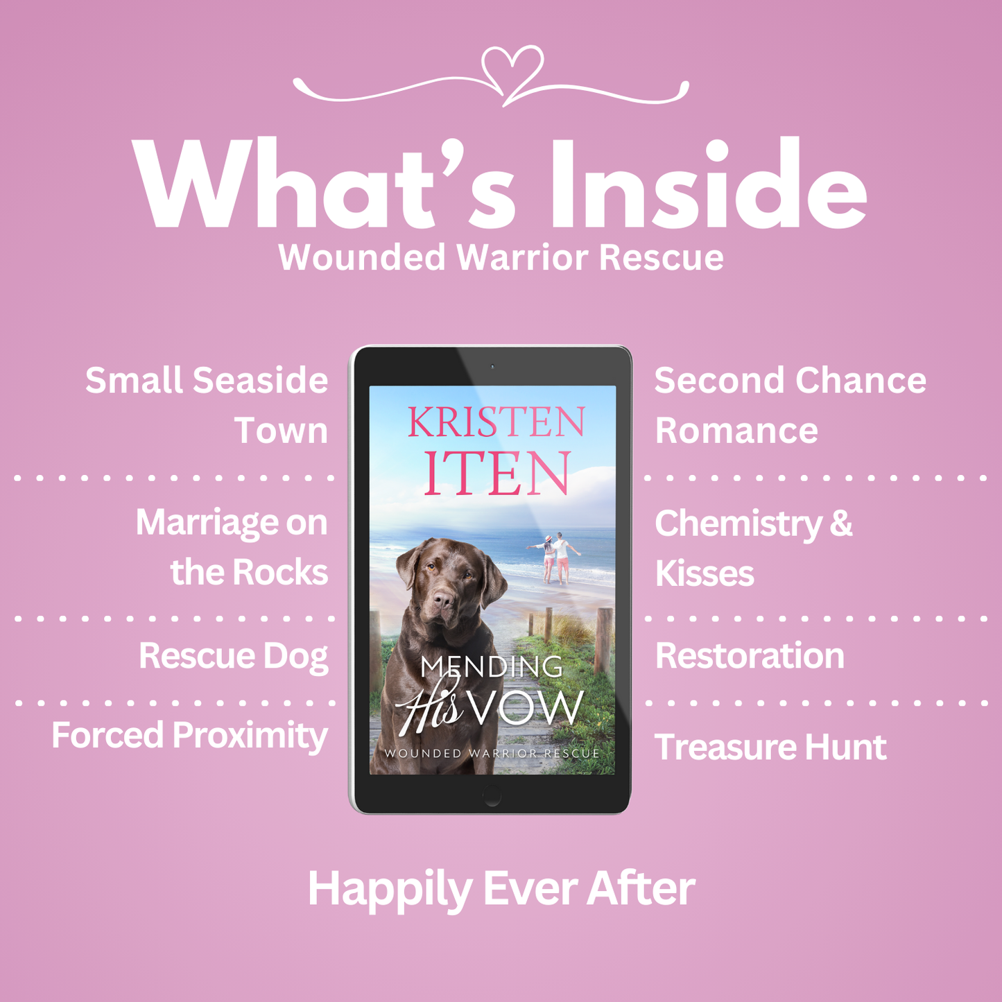 Mending his vow. Tropes: small seaside town, marriage on the rocks rescue dog, forced proximity, second chance romance, chemistry & kisses, restoration, treasure hunt
