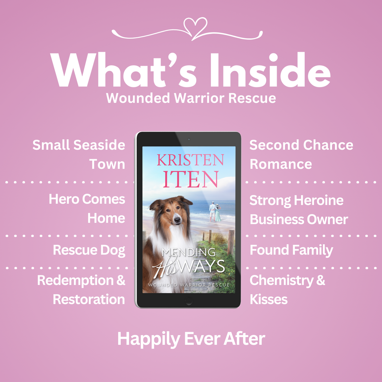 Mending his ways. Tropes: Small seaside town, hero comes home, rescue dog, redemption & restoration, second chance romance, strong heroine business owner, found family, chemistry & kisses