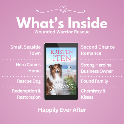 Mending his ways. Tropes: Small seaside town, hero comes home, rescue dog, redemption & restoration, second chance romance, strong heroine business owner, found family, chemistry & kisses