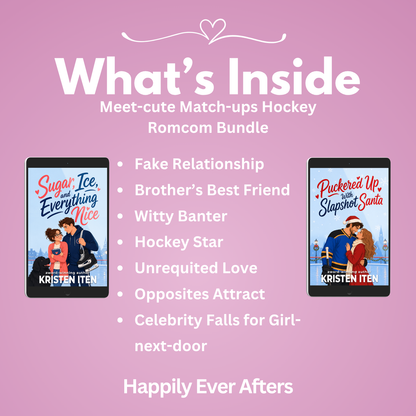 Promotional graphic for a romance bundle titled "What's Inside" on a pink background, showing two book covers flanking a list of included romcom tropes and phrases such as "Fake Relationship," "Brother's Best Friend," "Happily Ever Afters," "Hockey Star," "Unrequited Love," "Opposites Attract," and "Celebrity Falls for Girl-next-door.".