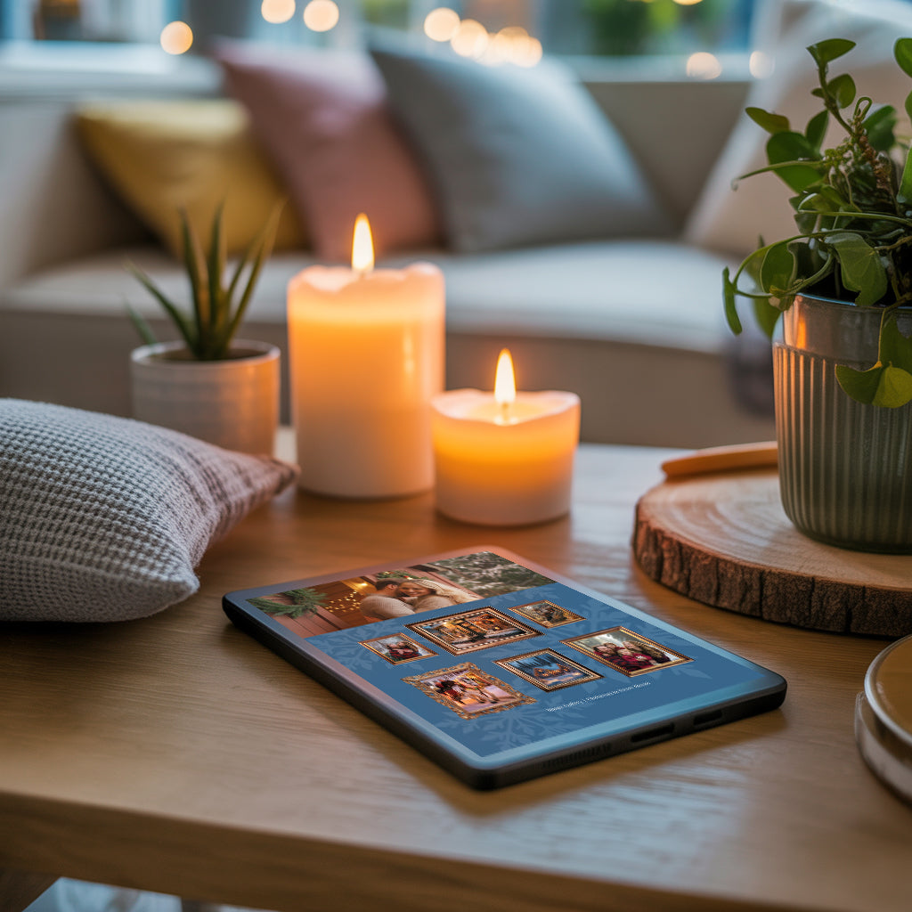 Tablet displaying images on a wooden table with candles and plants in a cozy living room.
