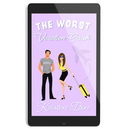 E-book cover of 'The Worst Vacation Crush' featuring an illustration of a man and a woman with a suitcase and a plane flying in the background, set against a purple background.