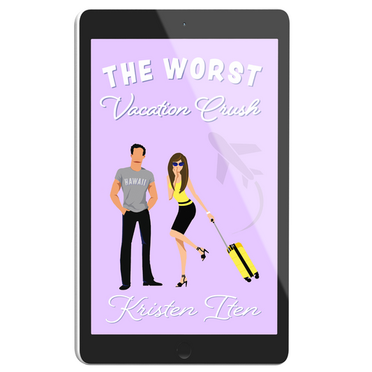 E-book cover of 'The Worst Vacation Crush' featuring an illustration of a man and a woman with a suitcase and a plane flying in the background, set against a purple background.