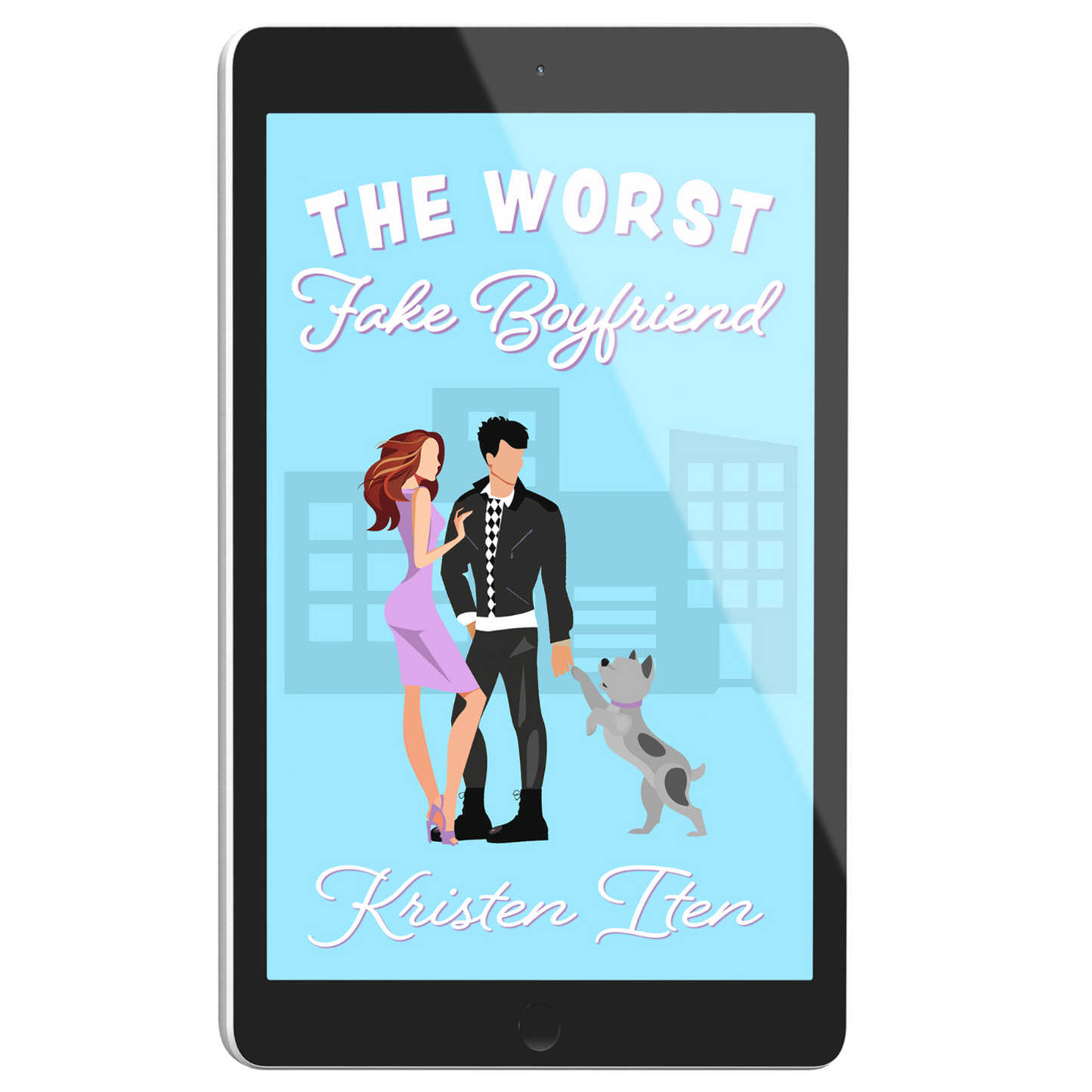 E-book cover of 'The Worst Fake Boyfriend' featuring an illustration of a couple and a dog on a blue background.
