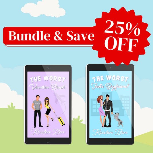 E-book covers of 'The Worst Vacation Crush' and 'The Worst Fake Boyfriend' by Kristen Iten, presented on a tablet with a '25% BUNDLE & SAVE' offer label.