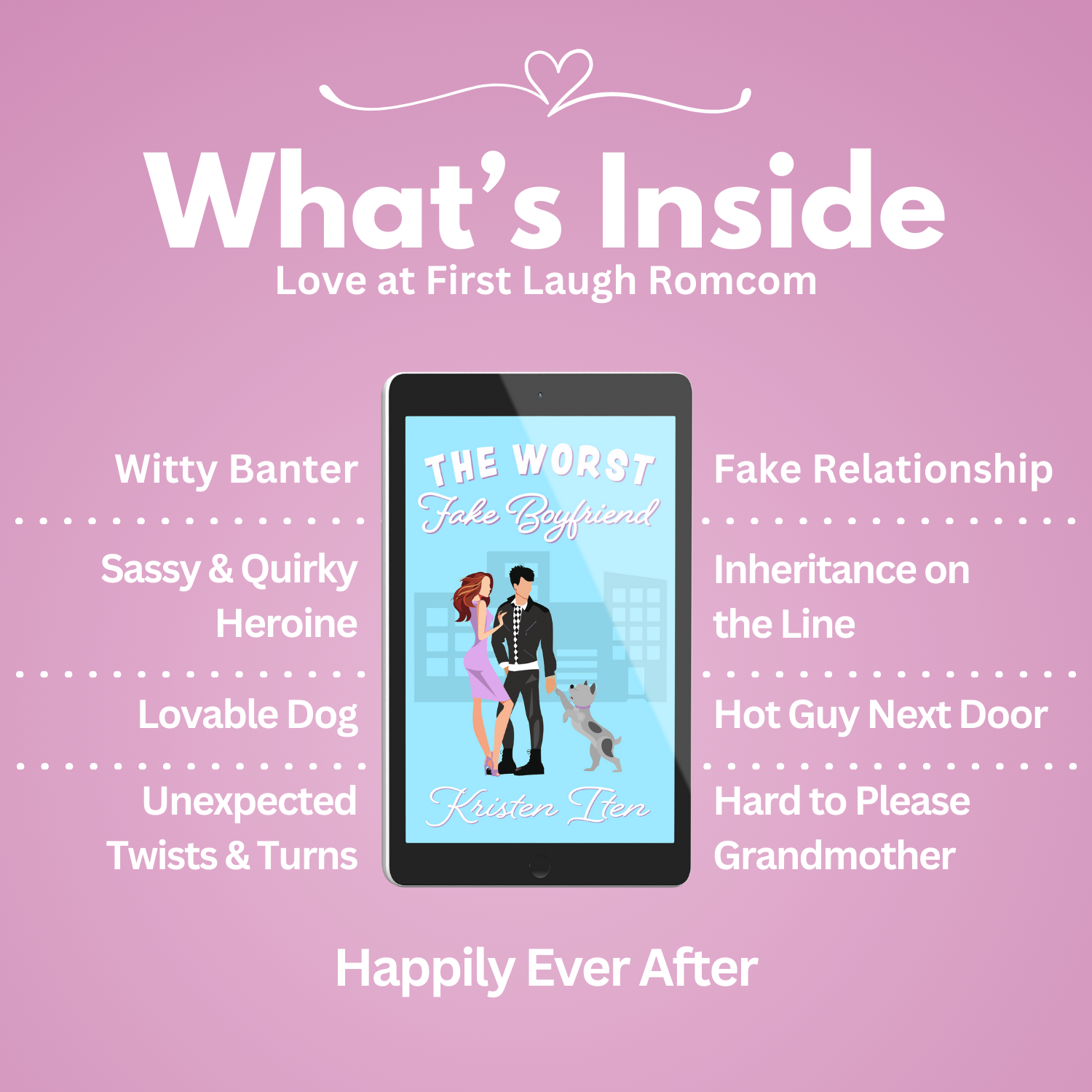The worst fake boyfriend. Tropes: witty banter, sassy & quirky heroine, lovable dog, unexpected twists & turns, fake relationship, inheritance on the line, hot guy next door, hard to please grandmother. 