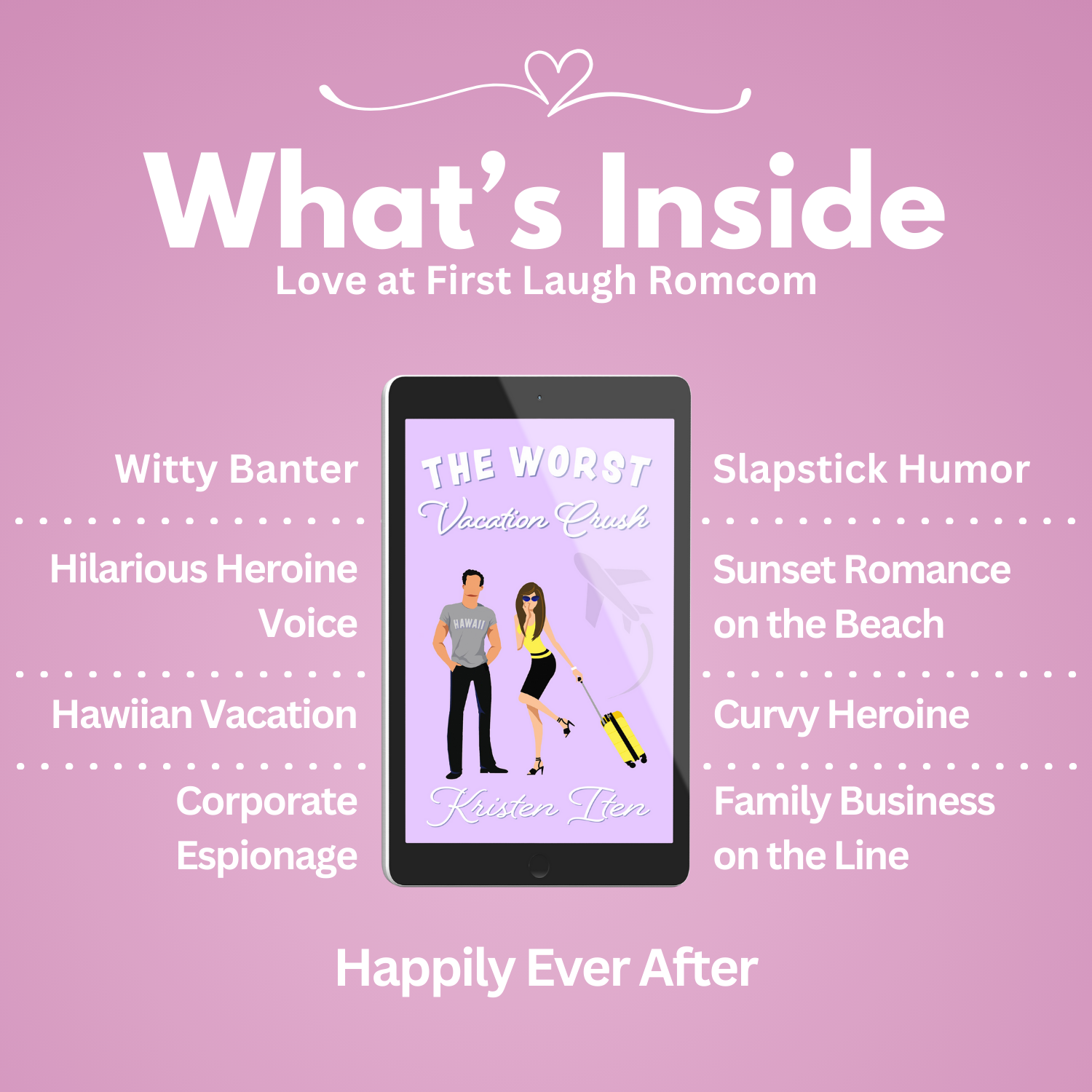 The worst vacation crush. Tropes: witty banter, hilarious heroine voice, Hawaiian vacation, corporate espionage, slapstick humor, sunset romance on the beach, curvy heroine, family business on the line.