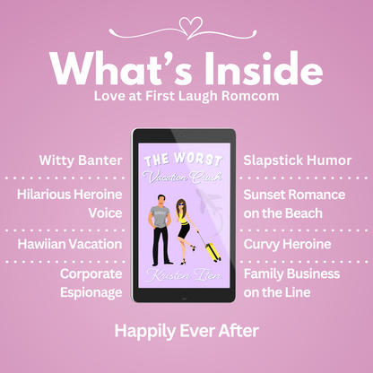 The worst vacation crush. Tropes: witty banter, hilarious heroine voice, Hawaiian vacation, corporate espionage, slapstick humor, sunset romance on the beach, curvy heroine, family business on the line.