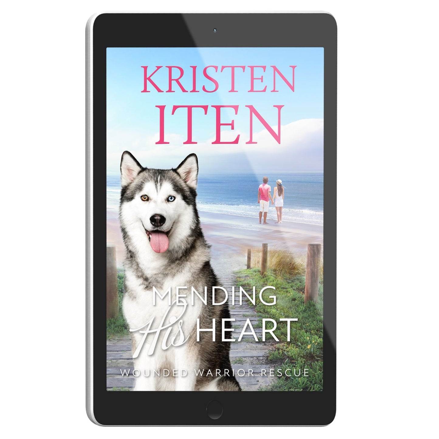 E-book cover of 'Mending His Heart' featuring a close-up of a dog's face, against a background that includes a blurred image of a beach and two people in the distance.