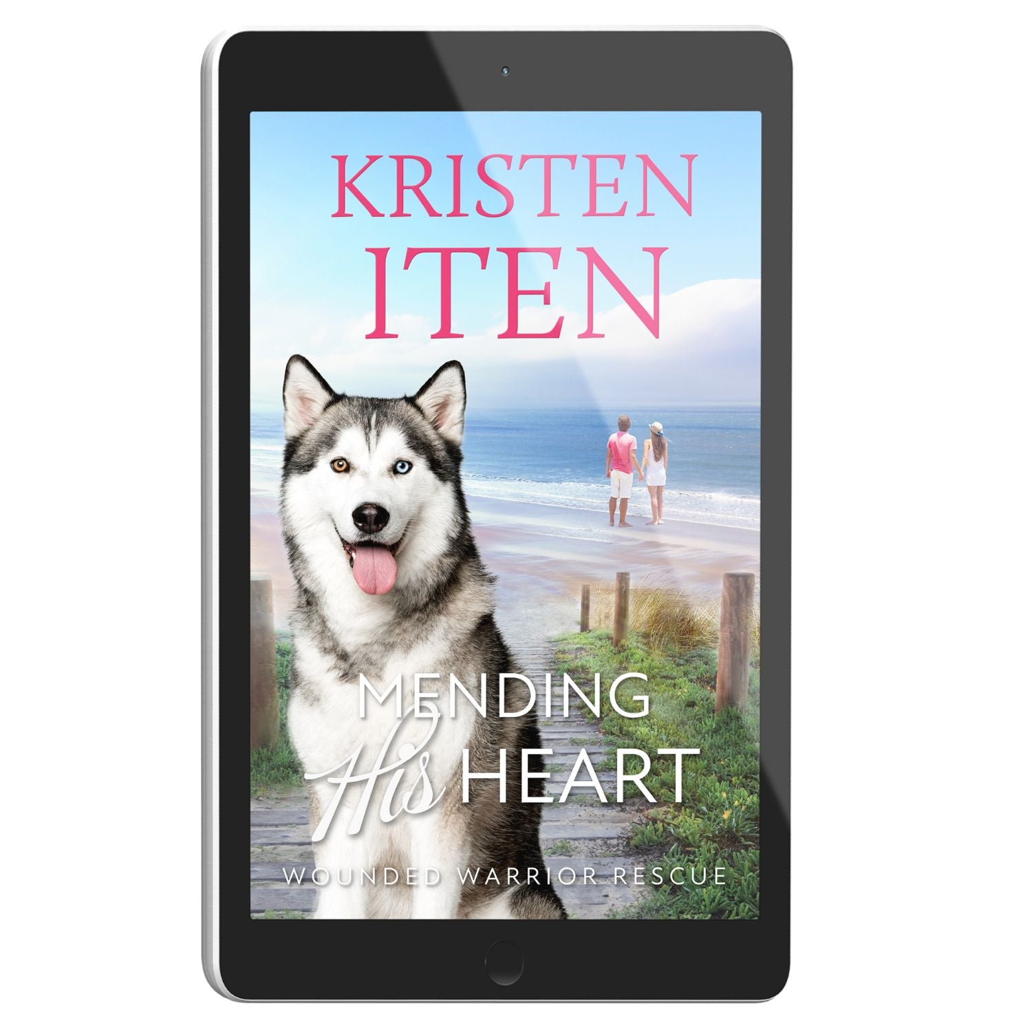 E-book cover of 'Mending His Heart' featuring a close-up of a dog's face, against a background that includes a blurred image of a beach and two people in the distance.