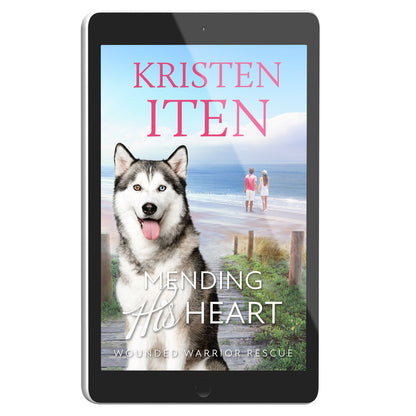 E-book cover of 'Mending His Heart' featuring a close-up of a dog's face, against a background that includes a blurred image of a beach and two people in the distance.