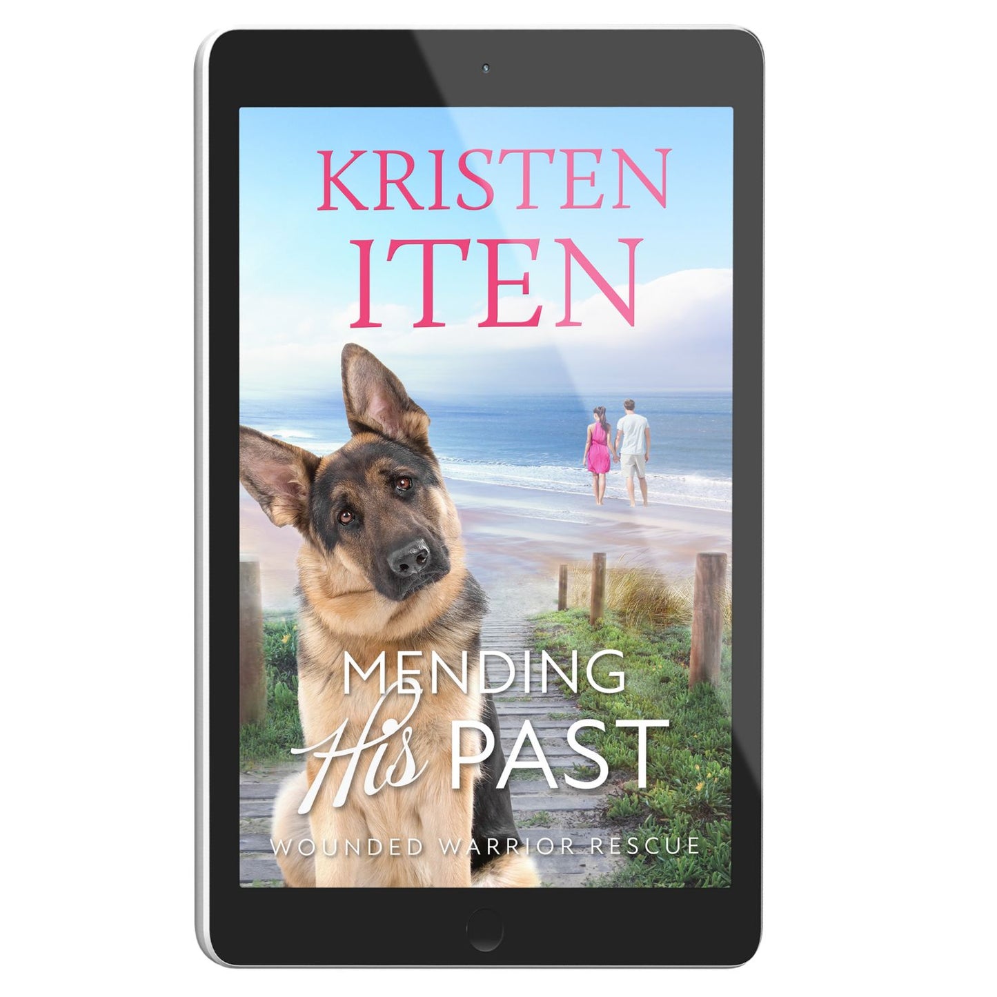 Cover for Mending His Past on an e-reader. German Shepherd sitting near the beach with romantic couple standing at the water's edge. 