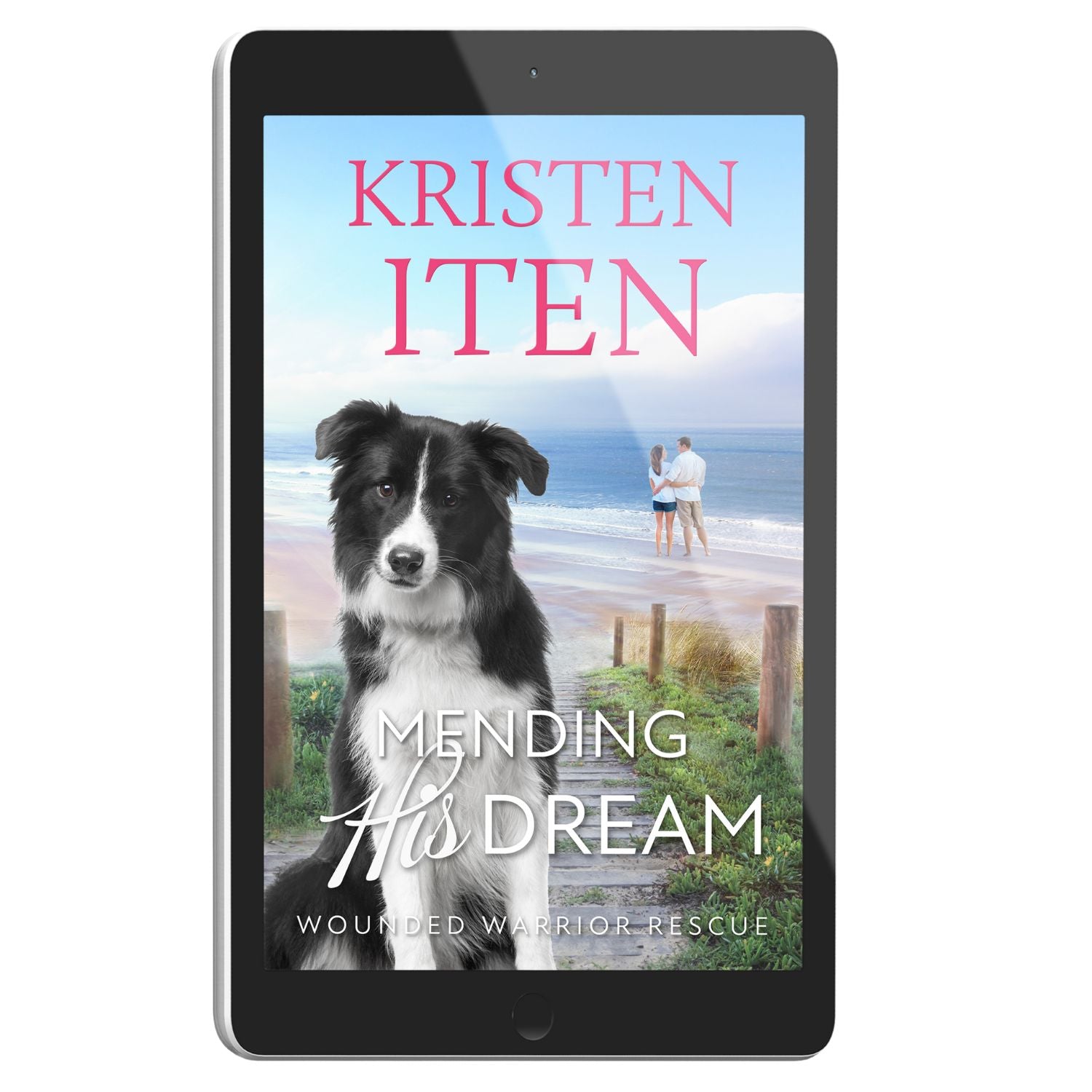 Cover for Mending His Dream on an e-reader. Border Collie sitting near the beach with romantic couple standing at the water's edge. 