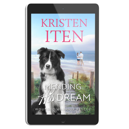 Cover for Mending His Dream on an e-reader. Border Collie sitting near the beach with romantic couple standing at the water's edge. 