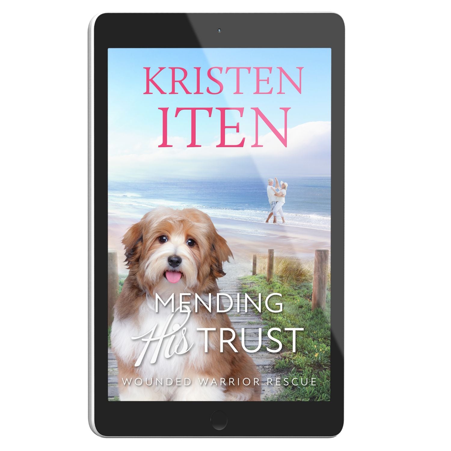 Cover for Mending His Trust on an e-reader. Terrier sitting near the beach with romantic couple standing at the water's edge. 