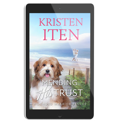Cover for Mending His Trust on an e-reader. Terrier sitting near the beach with romantic couple standing at the water's edge. 