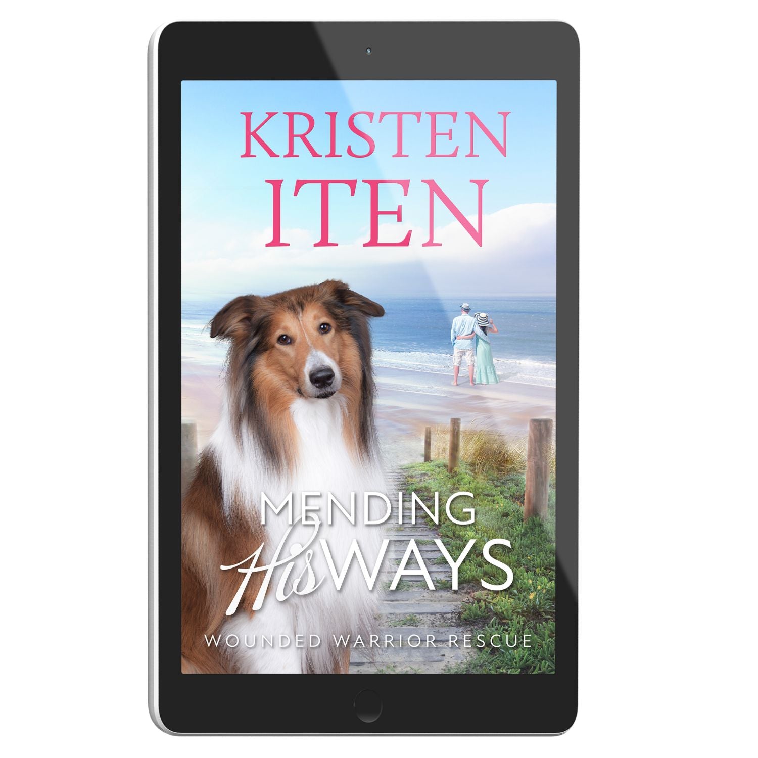 Cover for Mending His Ways on an e-reader. Collie sitting near the beach with romantic couple standing at the water's edge. 