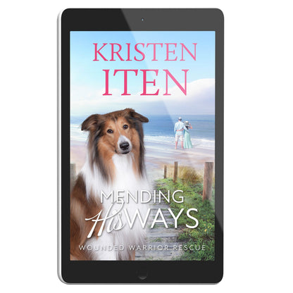 Cover for Mending His Ways on an e-reader. Collie sitting near the beach with romantic couple standing at the water's edge. 