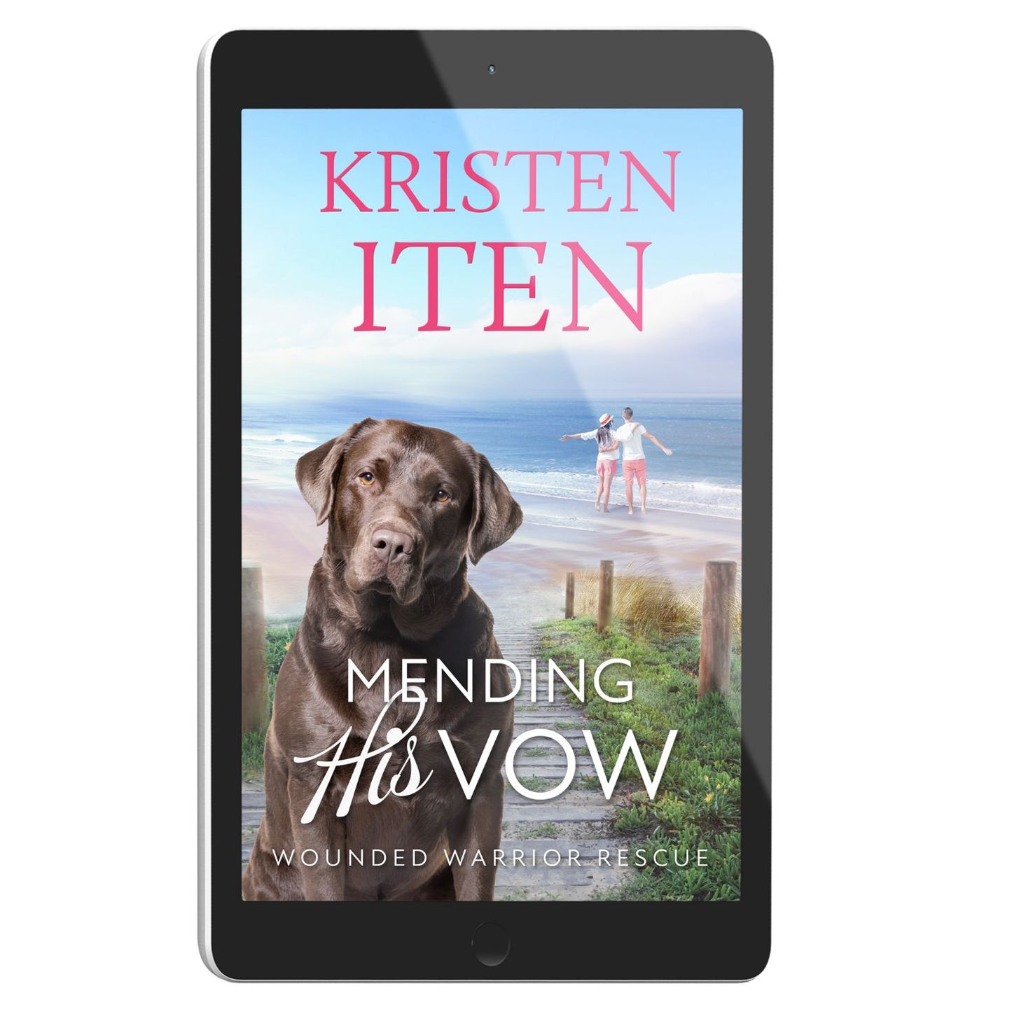 Cover for Mending His Vow on an e-reader. Chocolate lab sitting near the beach with romantic couple standing at the water's edge. 