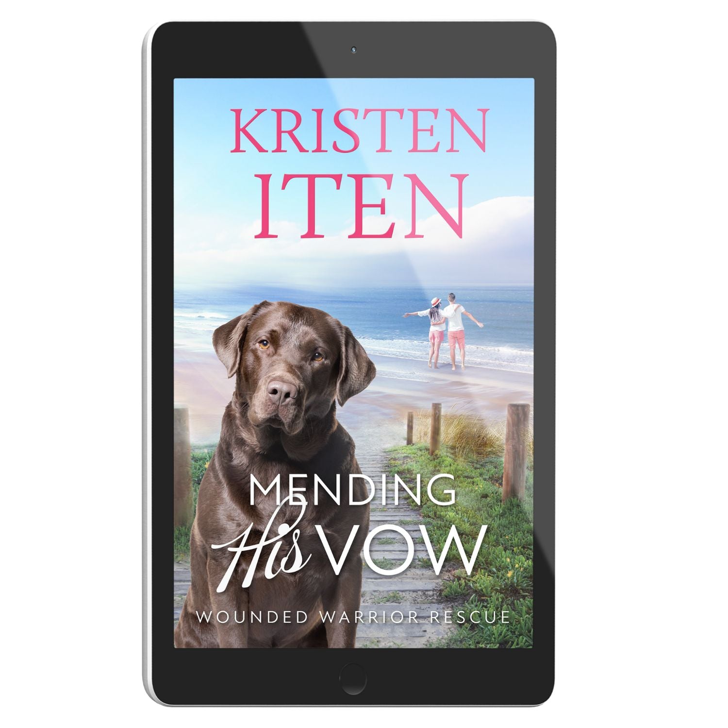 Cover for Mending His Vow on an e-reader. Chocolate lab sitting near the beach with romantic couple standing at the water's edge. 