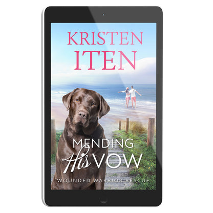 Cover for Mending His Vow on an e-reader. Chocolate lab sitting near the beach with romantic couple standing at the water's edge. 