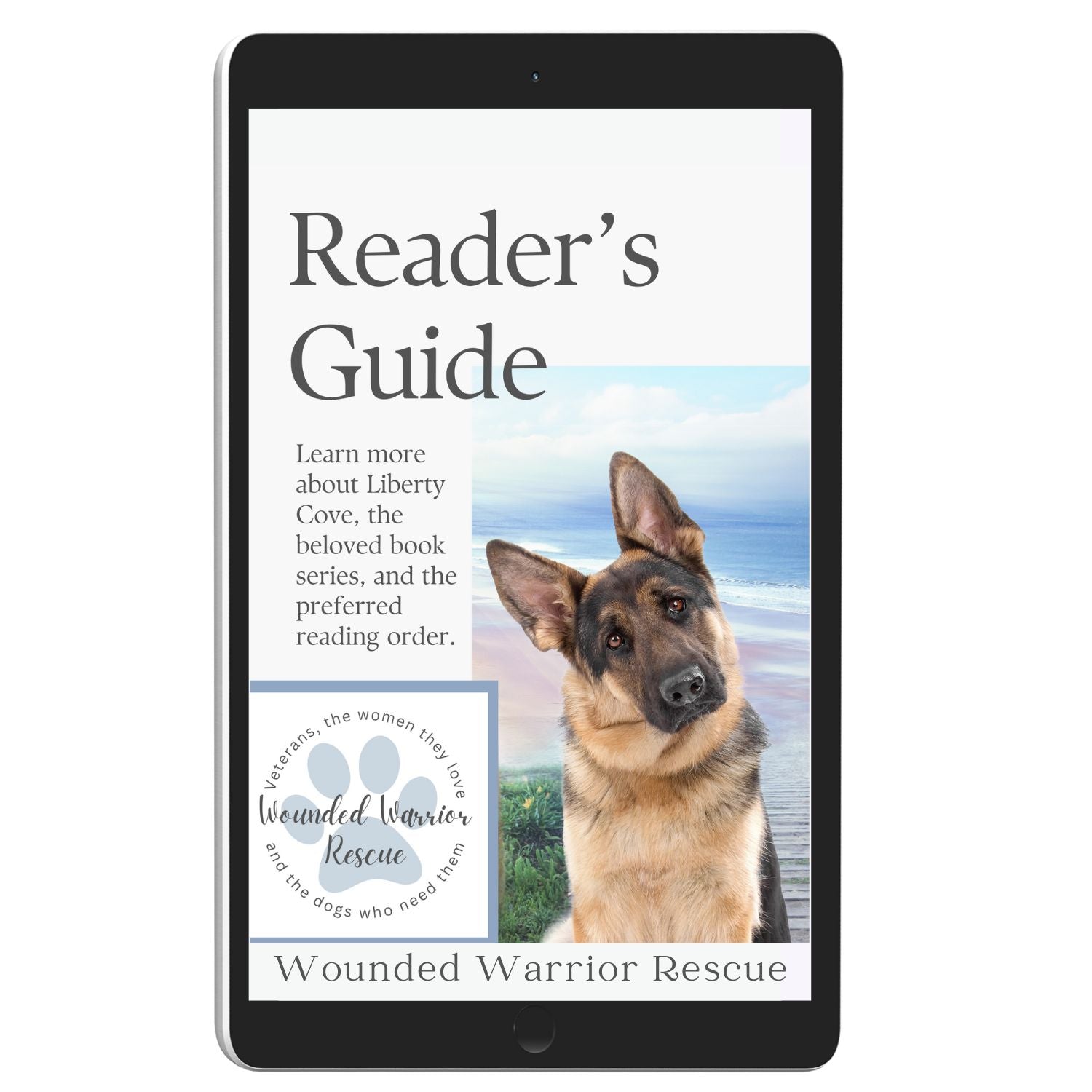 Cover of 'Reader's Guide' for the Wounded Warrior Rescue series, featuring an image of a German Shepherd with the text and logo of the organization.