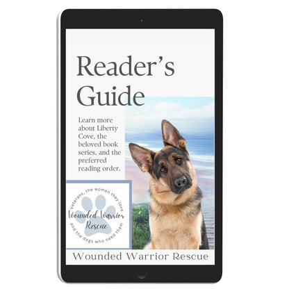 Cover of 'Reader's Guide' for the Wounded Warrior Rescue series, featuring an image of a German Shepherd with the text and logo of the organization.