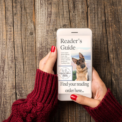 woman holding phone and reading the Wounded Warrior Rescue series Reader's guide.