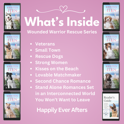 covers for the wounded warrior rescue. Tropes: veterans, small towns, strong women, kisses on the beach, lovable matchmaker, second chance romance, stand alone romances set in an interconnected world you won't want to leave.